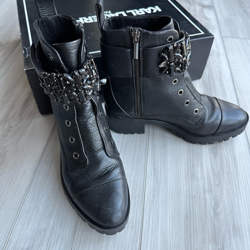 Karl Lagerfeld PIPPA Black Embellished Combat Boots 7